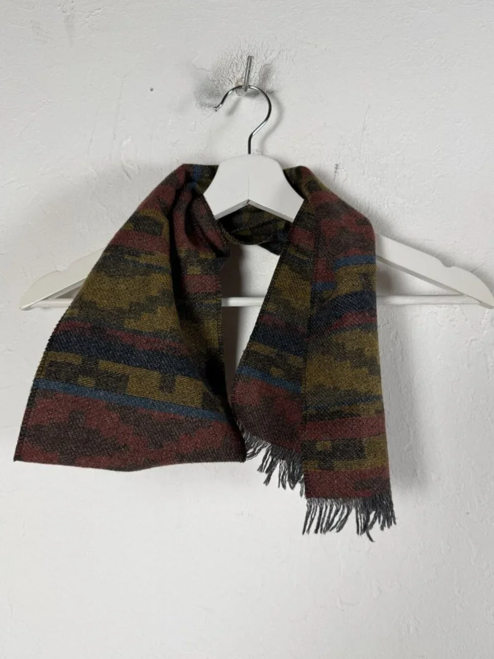 Vintage Multicolor Striped Fringe Scarf 56x7 Inches Woven Acrylic-Wool Blend